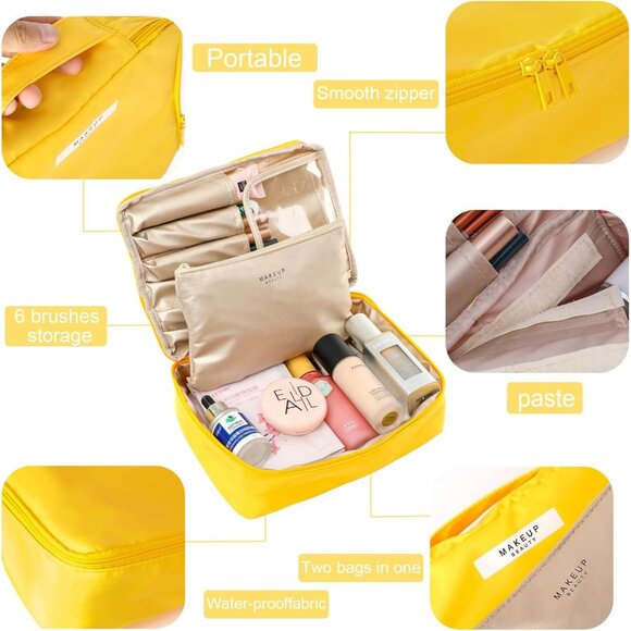 Women Yellow Travel Makeup Bag Cosmetic Bag Makeup Bag Toiletry bag - Picture 3 of 7